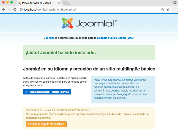 Pantalla final de instalación de Joomla