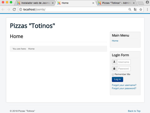 Pantalla del sitio creado por Joomla