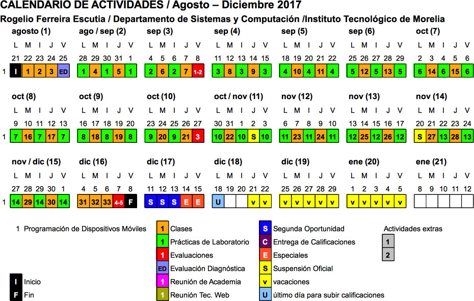 calendario agosto diciembre 2017 de Programación de Dispositivos Móviles